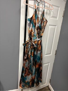 Monroe & Main Teal, Brown and Black Snake-Pattern Maxi Dress with Tie Waist